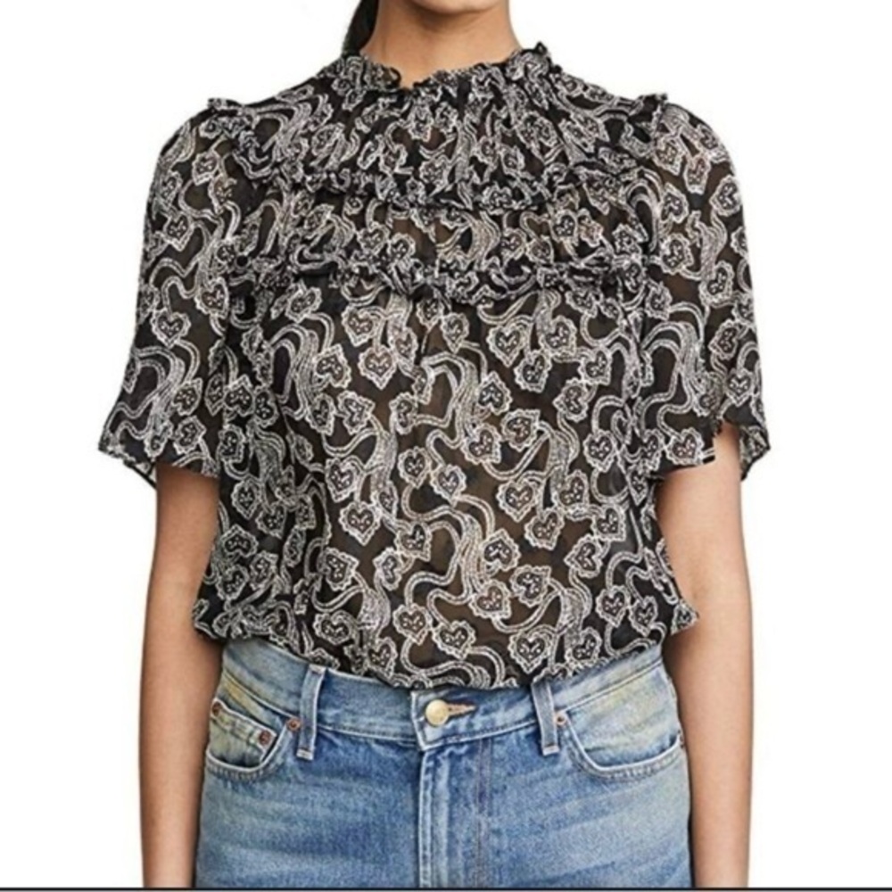 Rebecca Taylor Black Cecelia Silk Blend Short Sleeve Lace Blouse Top Size 2